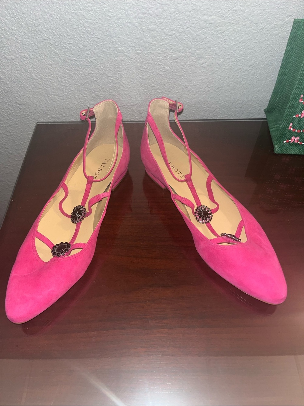 Talbots Hot Pink Suede T-Strap Pointed Flats